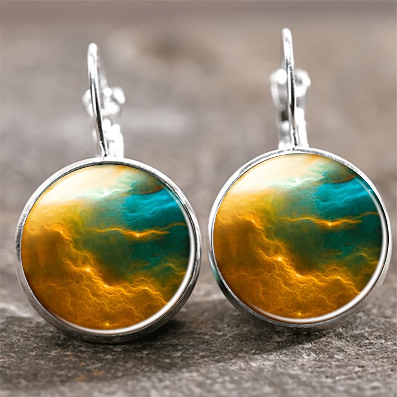2pc Round Glass Inlaid Base Earrings Set, Multicolor Design